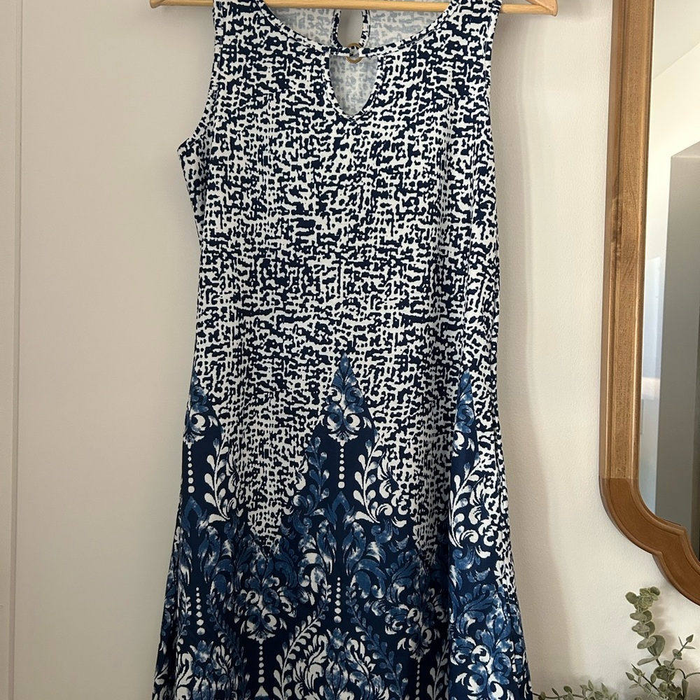 Blue and White A-Line V-Neck Midi Dress for Wedding Guest